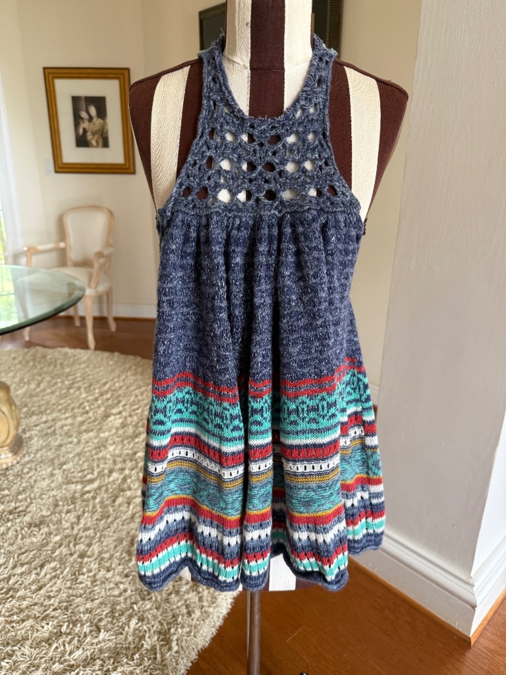 FREE PEOPLE Rare Hearts Multicolor Crochet Tunic Top Sz XS Boho Festival